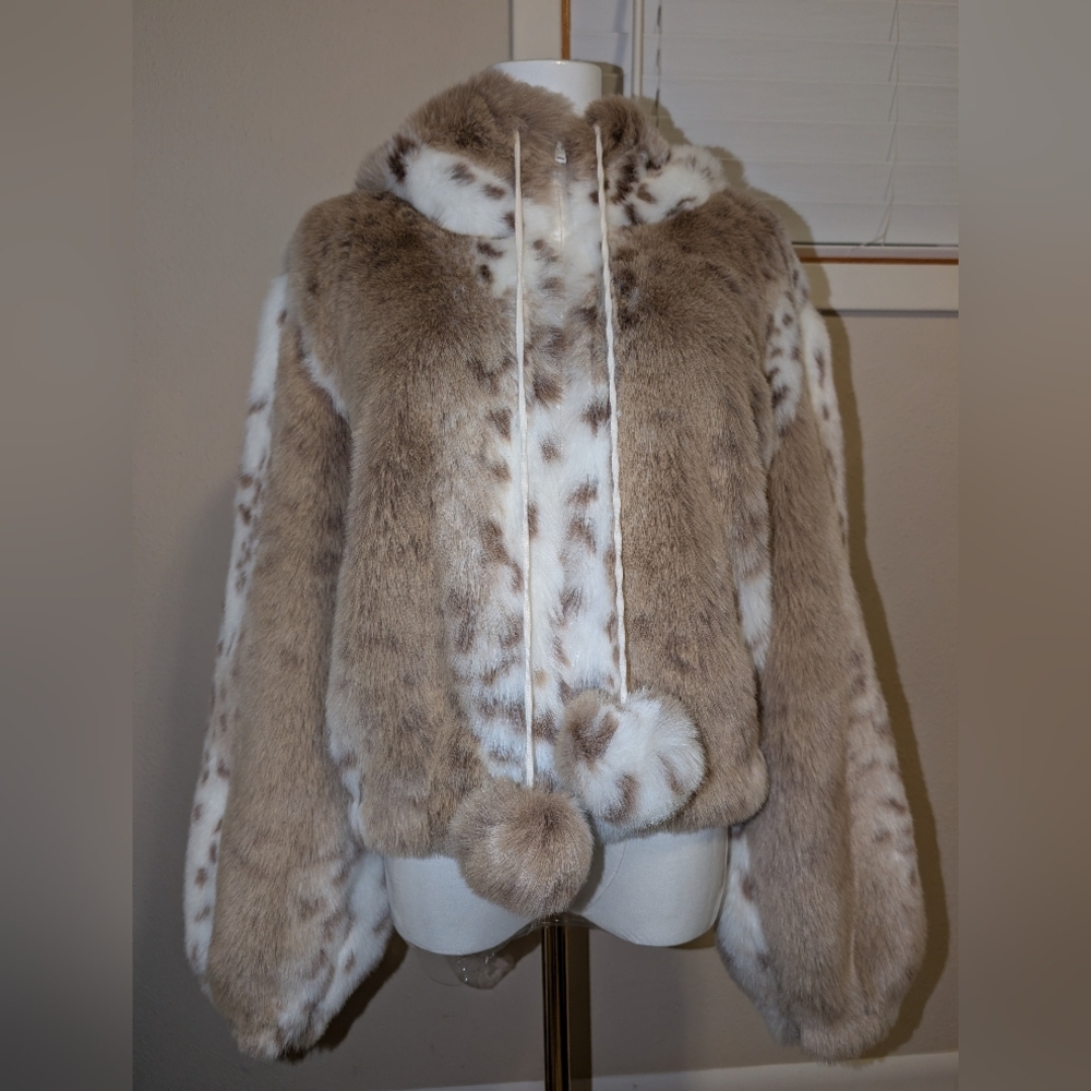 🤎🐻‍❄️🤍 Faux Fur-Trimmed Brown + White Hooded Jacket w/ Pom-Pom Drawstrings - Picture 2 of 10